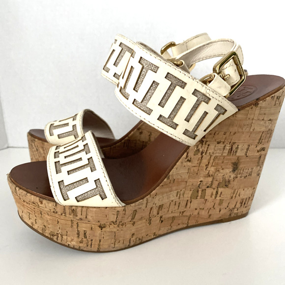 Tory Burch Regan Sandal Wedge Cork Platform White Leather Open Toe Ankle… - Picture 5 of 8